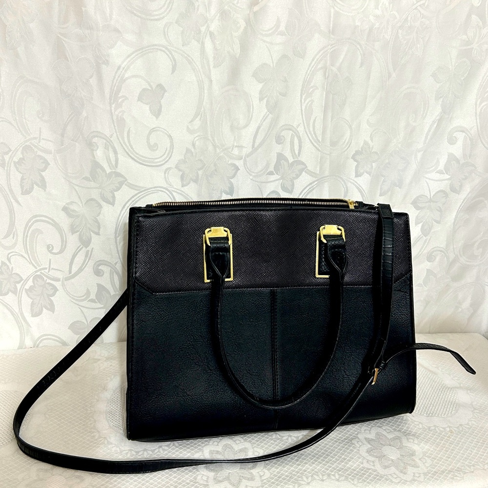 Spring Black Gold Accent Leather Stylish Crocodile Crossbody Satchel Bag